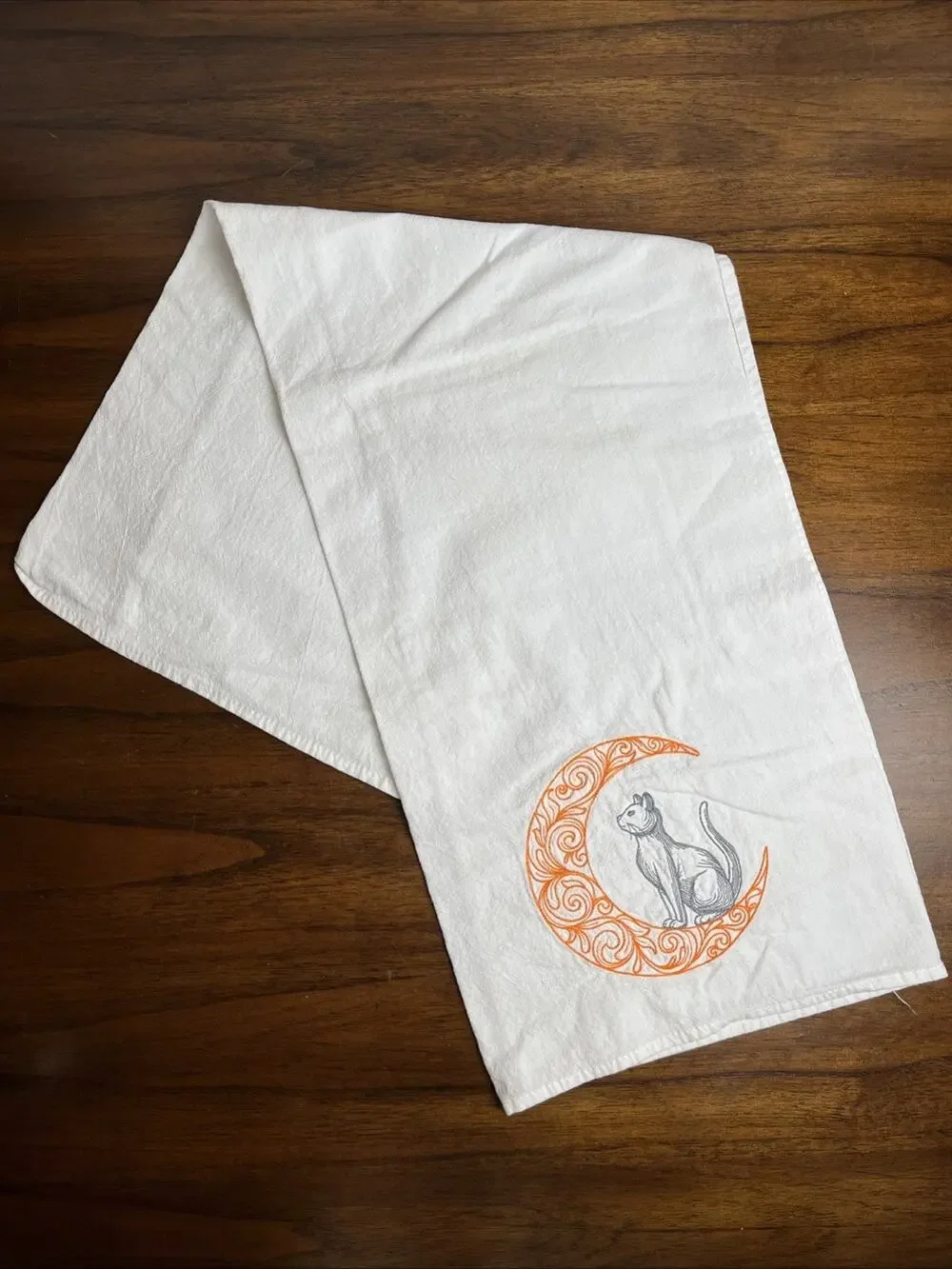 Gray Cat In Orange Moon Celestial Cotton Embroidered Flour Sack Kitchen Towel